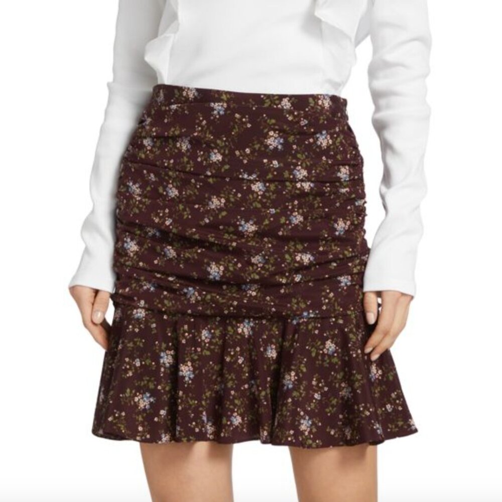 Veronica Beard Taras Silk Ruched Ruffle Mini Skirt Merlot Floral 2